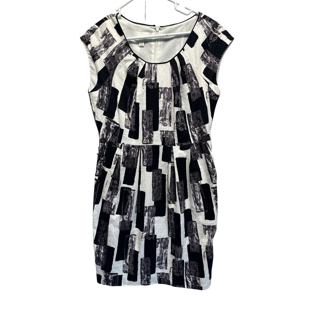 Donna Morgan Black White Geometric Block Print Cap Sleeve Sheath Dress 12P‎